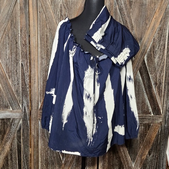 Shein Curve 3XL Navy Blue White Brushstroke Print 2 Piece Short Set Long Sleeve - Picture 1 of 5